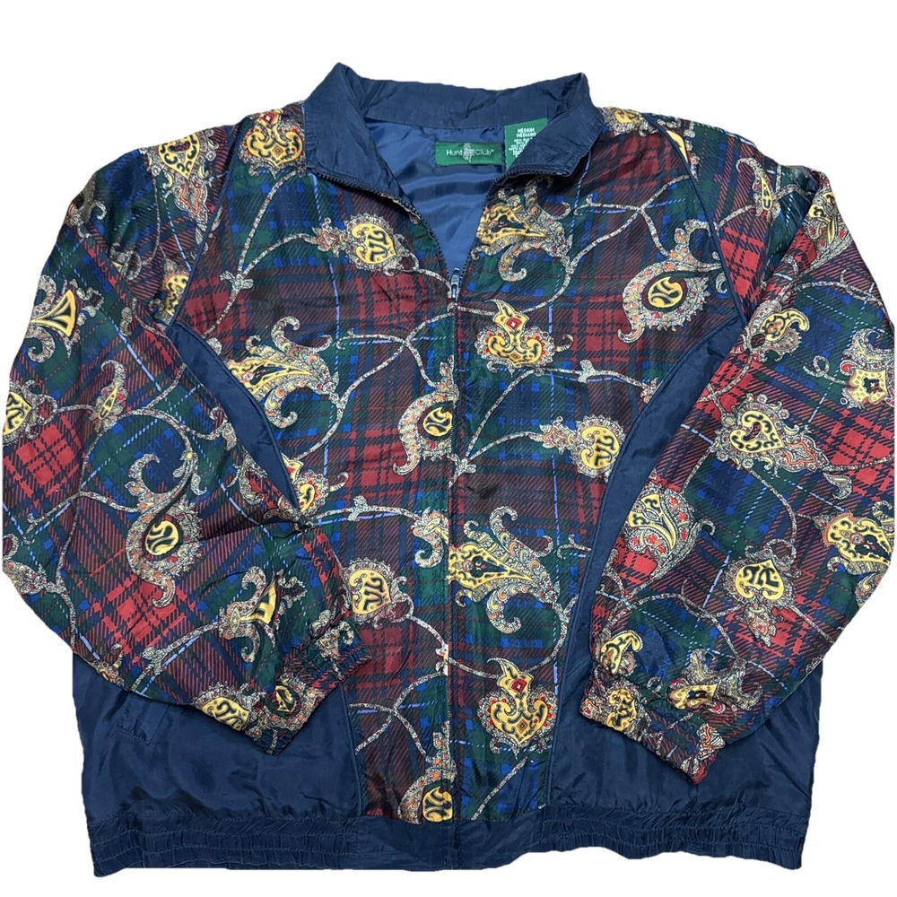 Hunt Club  Vintage  90's 100% Silk Navy Gold Maroon Zipper‎ Track jacket Sz Med